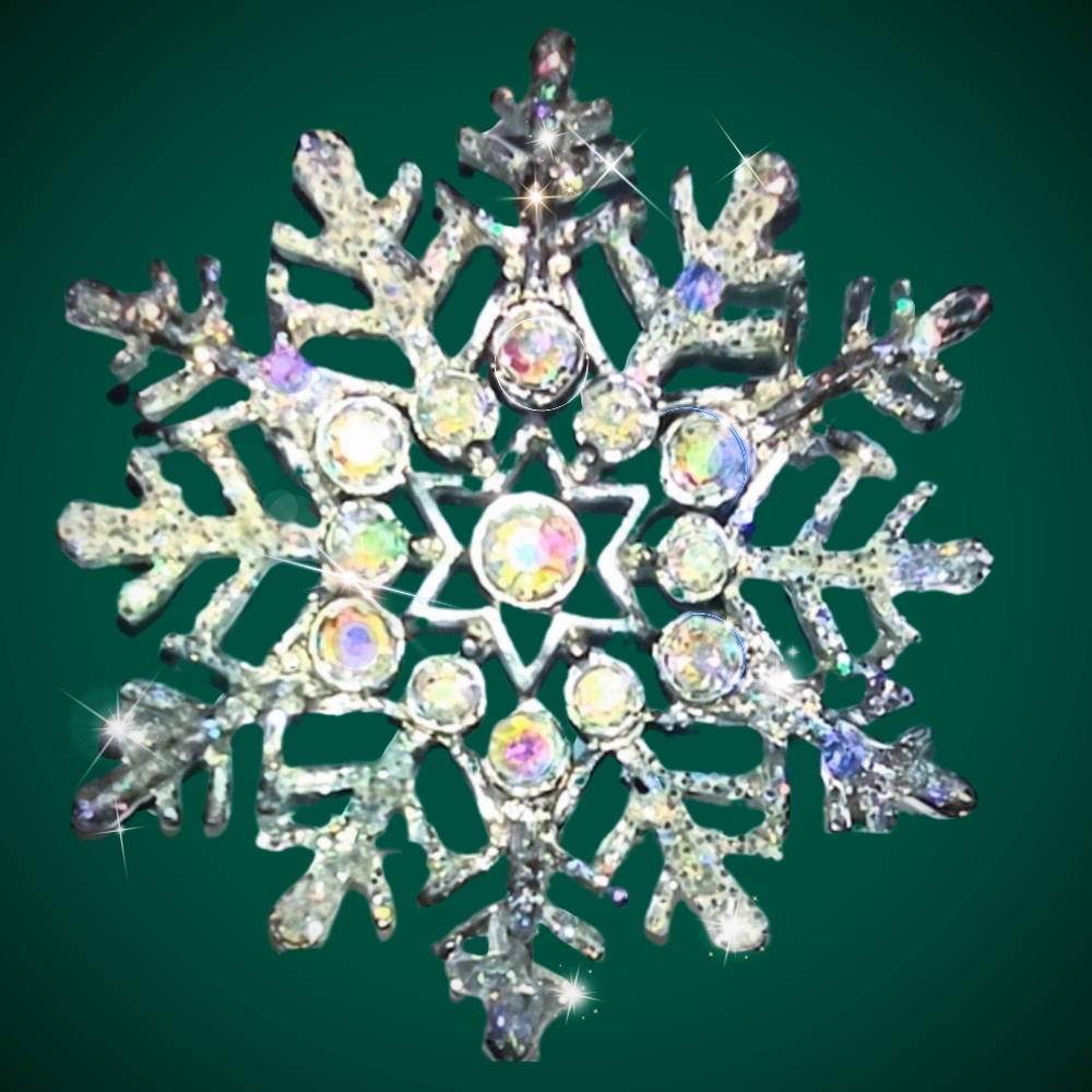 Silvertone Snowflake Brooch with Rainbow Glitter Coating
